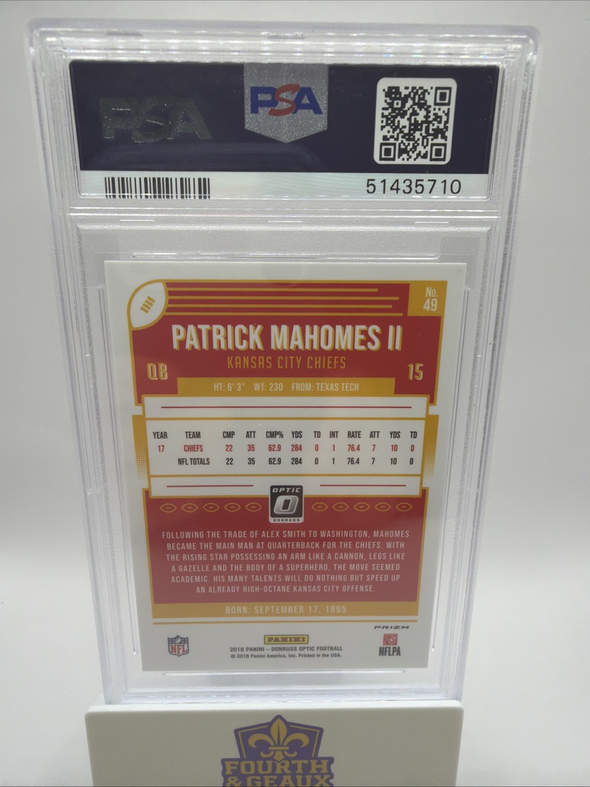 2018 Optic Holo Patrick Mahomes On Card Auto PSA 9/10, Pop 1. view 2