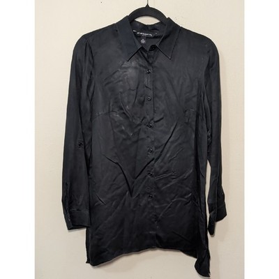 Sharagano Black Long-Sleeve Button-Down Shirt Shark Bite Hem Women's Size S