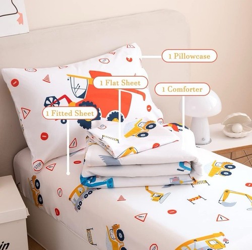NEW- Perfemet 4 Piece Construction Toddler Bedding Set Excavator Truck Boy - Picture 7 of 8