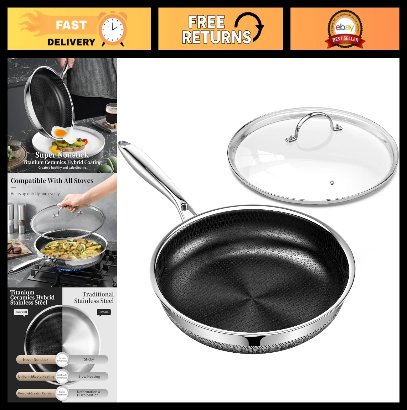 12" Nonstick Frying Pan with Lid - Ceramic Hybrid Tri-Ply Induction Skillet, Met