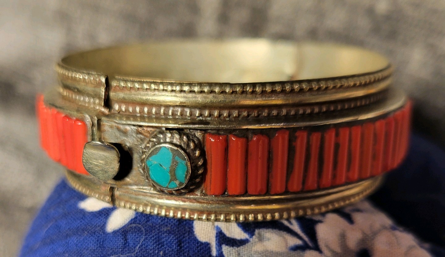 Vintage 70s Tibetan Silver Hinged Bangle Genuine Red Coral And Turquoise Heavy!