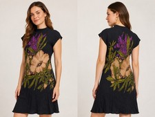 Carole Little Petite Dress Size 2 Black Floral Rayon Midi Shift Mock Neck...