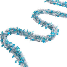 32.8Ft Christmas Tinsel Garland Blue Silver Metallic Twist with Snowflakes fo...