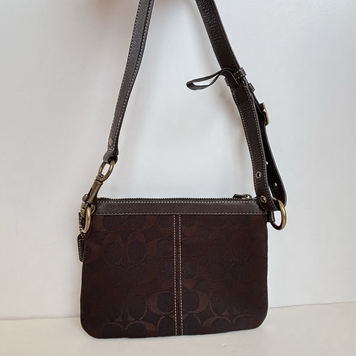 極美品✨Coach Legacy Stripe Turn lock Pouch Coach Legacy Brown Signature Canvas Striped Zipper Turn Lock