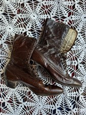 Antique Victorian Edwardian Womens Brown Leather Boots Lace Up Heel 7 7.5 8