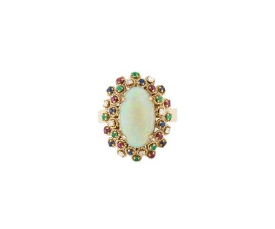 Oval Opal Cabochon and Multi-Gemstone Double Frame Cocktail Ring in 14K