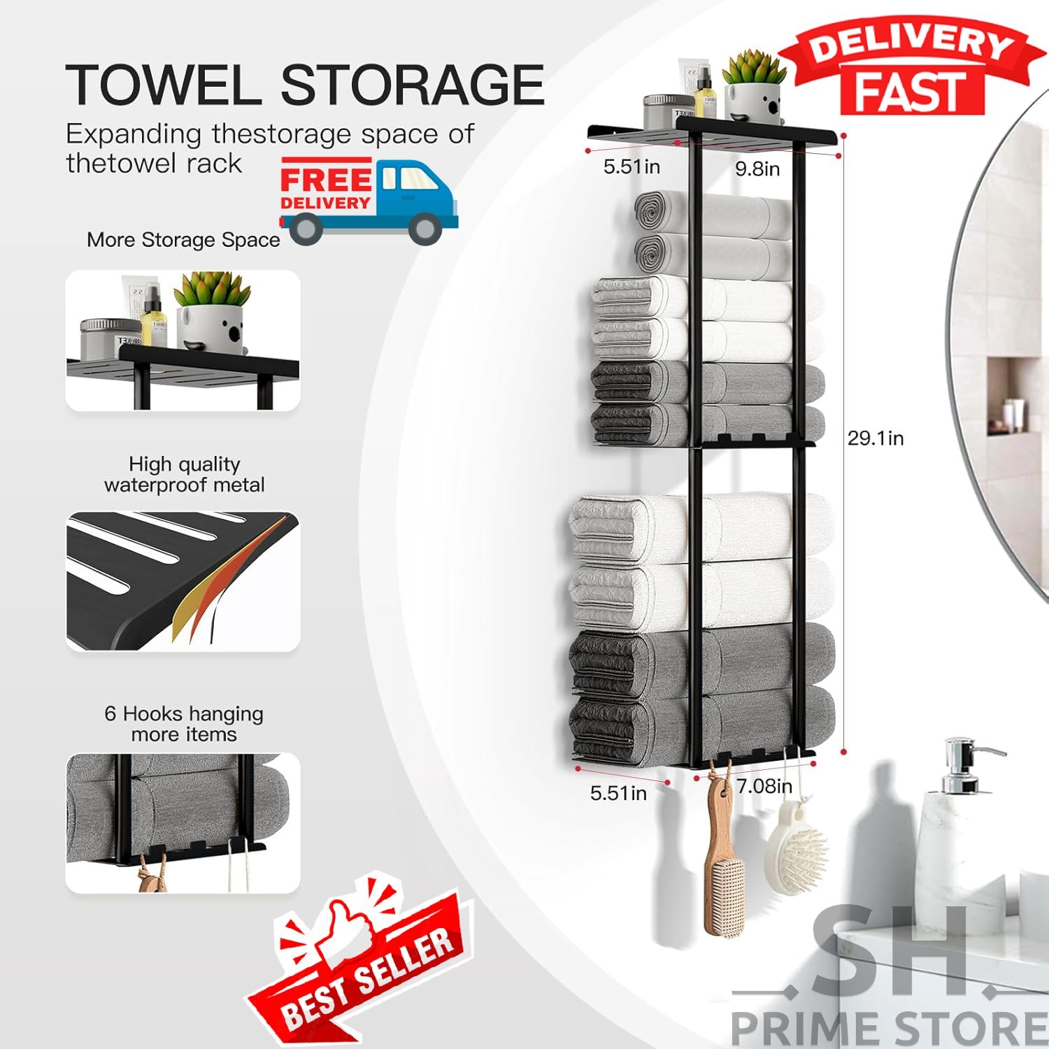 Storage Rack, Wall Mounted Bathroom Towel Rack, 30 Inch Heavy Dut
