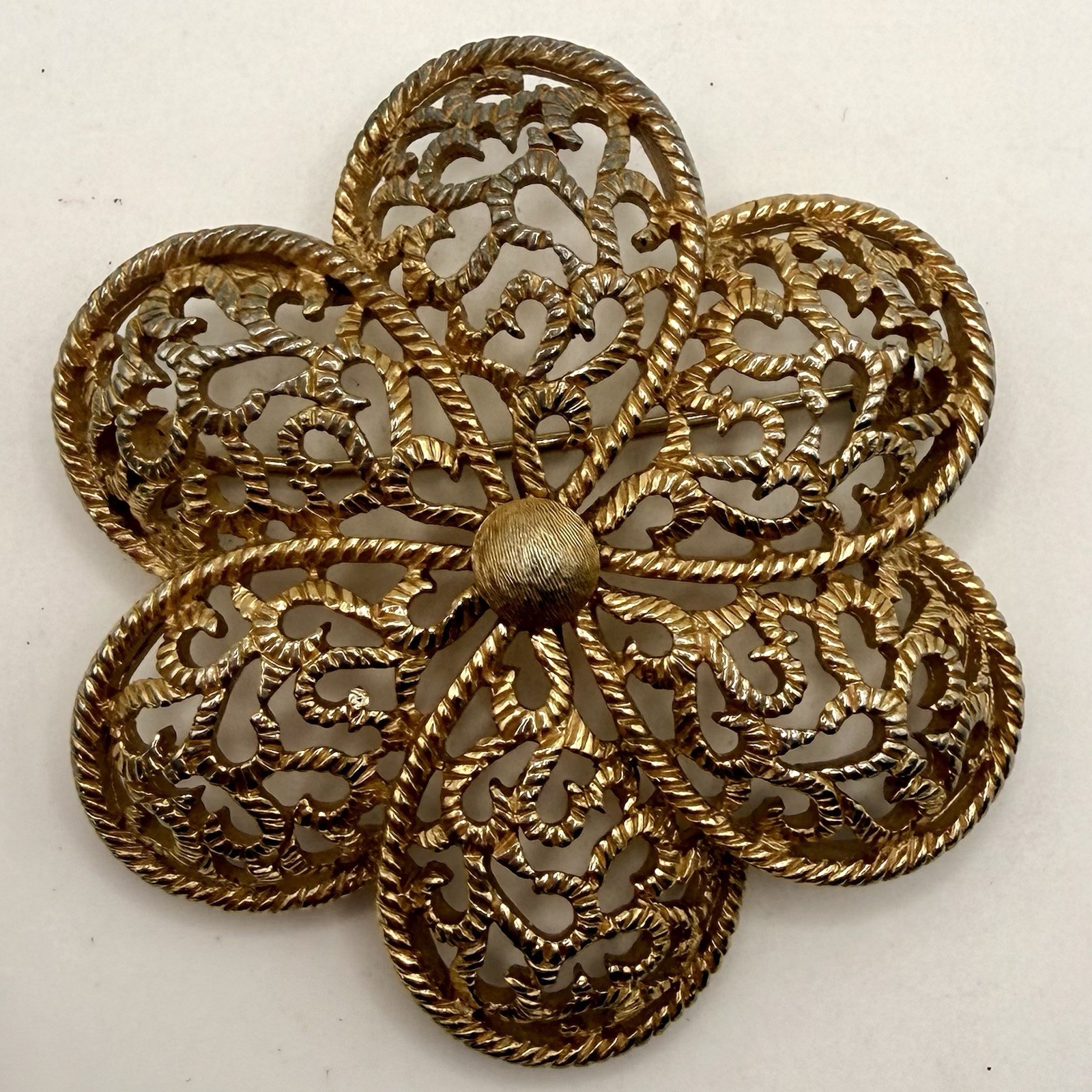 Signed Trifari Gold Tone Filigree Flower Brooch Vintage Designer Pin