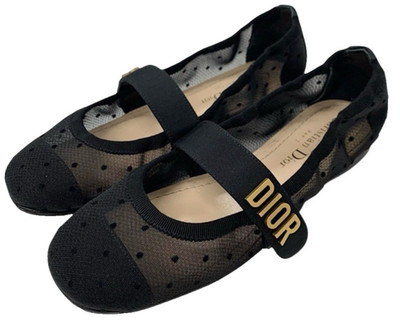 Christian Dior BABY-D Flat Shoes Black Mesh Gold Logo with Dust