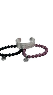 Rustic Cuff Pink Crystal Disco Ball Bracelet Stack Black Beaded Cuff 3 Pc Box