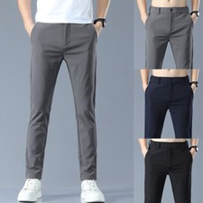 Mens Slim FIT Stretch Chino Trousers Casual Flat Front Classic Full Pants Golf  
