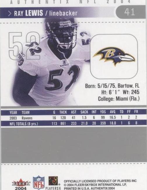2004 Fleer Authentix Ray Lewis #41