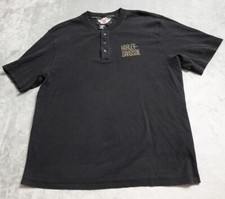 Harley Davidson Henley Shirt Men's Large Black Short Sleeve Embroidered Casual!