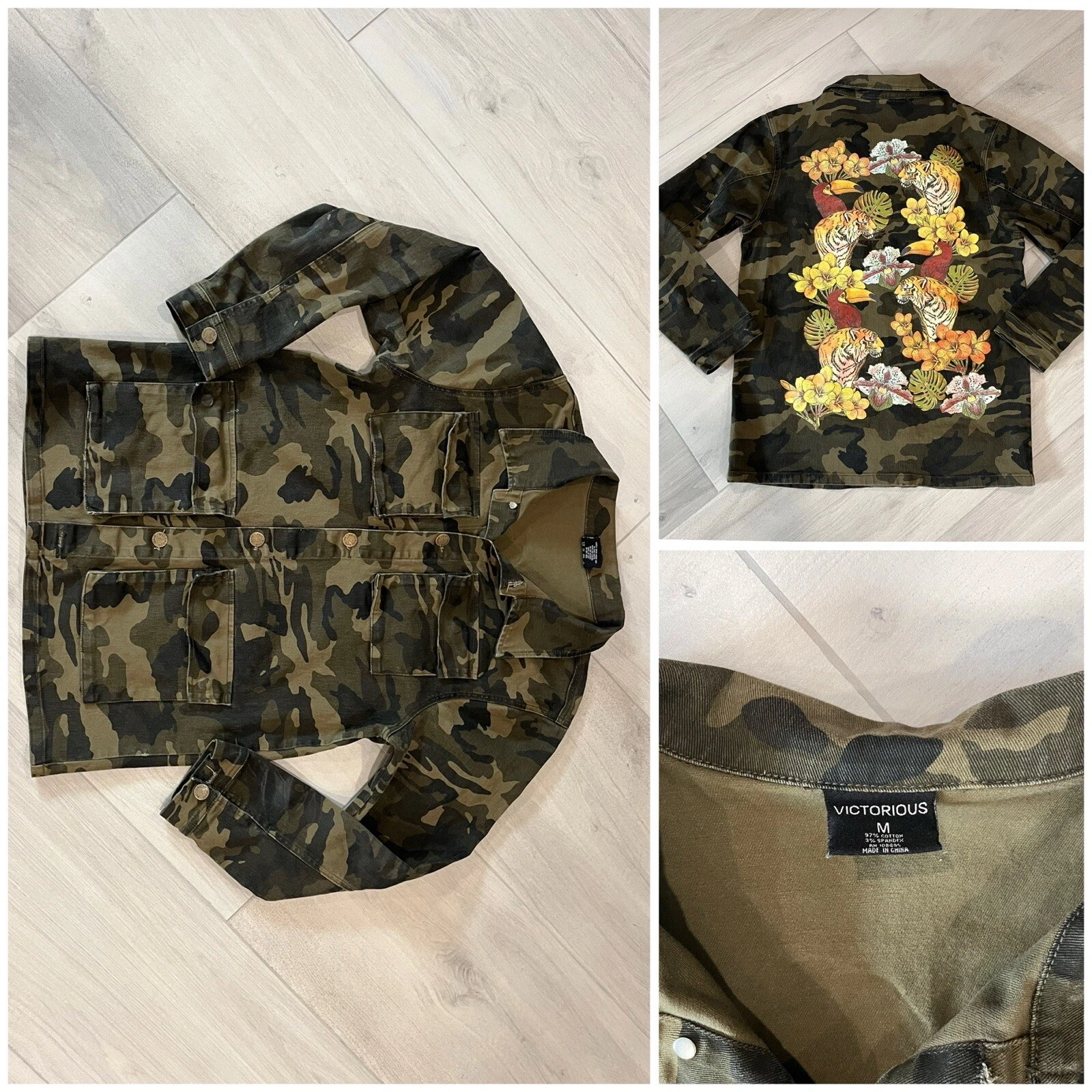 Victorious Medium Camouflage Military Jacket Tiger Print Pockets Button Front