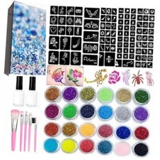 Temporary Glitter Tattoos Kit for Kids, 24 Body Glitter, 2 Glue, 5 Blue