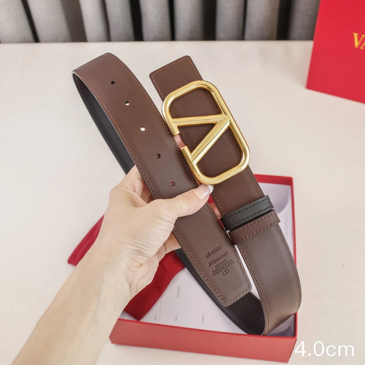 Valentino Reversible Leather Belt - Brown/Logo, Women's Size 110