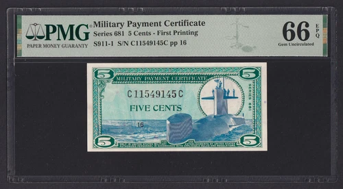 USA Military Payment Certificate 5 Cents 1969, Series 681, PMG 66, UNC