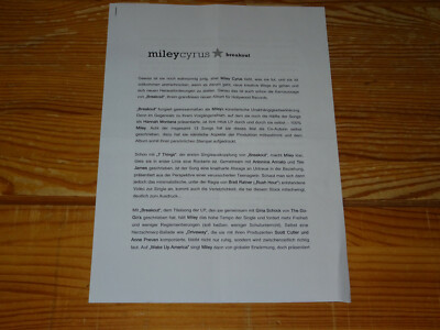 MILEY CYRUS - BREAKOUT / 2 PROMO-FACTS-BLÄTTER (DIN-A-4) 2008