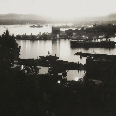 Norway Stereoview c1915 Oslo Harbor Aerial Photo Night Lights Ships Boats M207