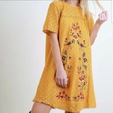 UMGEE Boho Yellow Mustard Floral Embroidered Dress