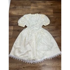Vtg Jessica McClintock Girls 7 Off-White Lace Smocked Dress Baptism Satin Bow