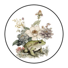 30 FROG AND FLOWERS STICKERS ENVELOPE SEALS LABELS 1.5" ROUND WATERCOLOR