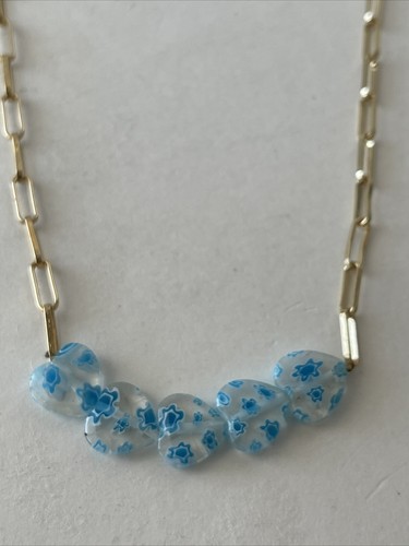 Collana Sugarfix By Baublebar finto oro catena maglia cuore floreale blu 21” nuova con etichetta