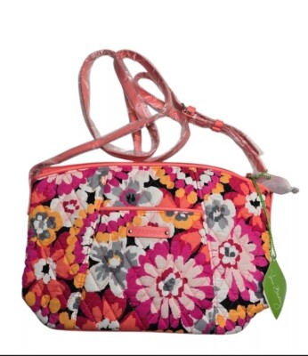 Retired Pixie Blooms Vera Bradley Floral Curvy Crossbody Bag Purse Orange Pink