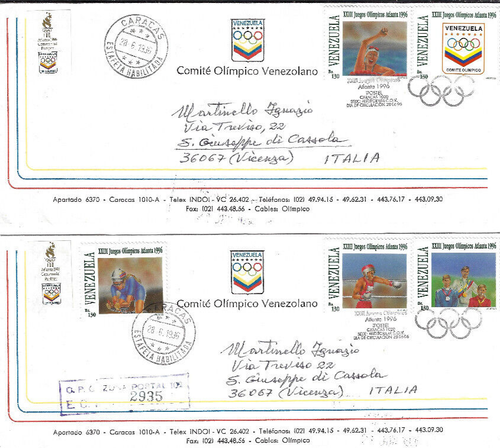 Venezuela: 1996; Scott 1526, set olympic in 2 FDC circulated, used, EBV1351 - Picture 2 of 2