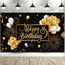 Happy Birthday Backdrop Banner Party Sign Poster Decorations Large Black Gold