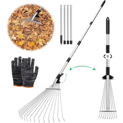 Leaf rake adjustable with handle, 215 cm, fan broom, leaf rake, metal leaf ra...
