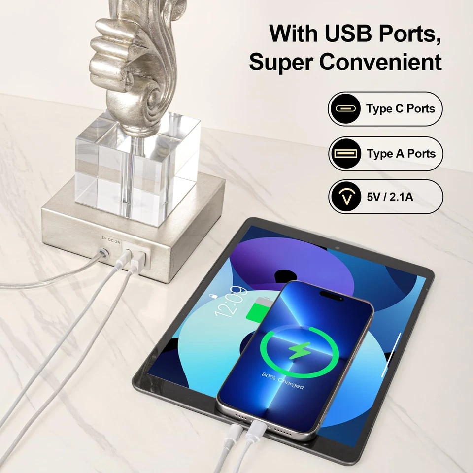 Juego de 2 lámparas de mesa con puertos USB, interruptor de cadena de tracción, 27” Silver Leaf Sculp... Foto 3 de 4