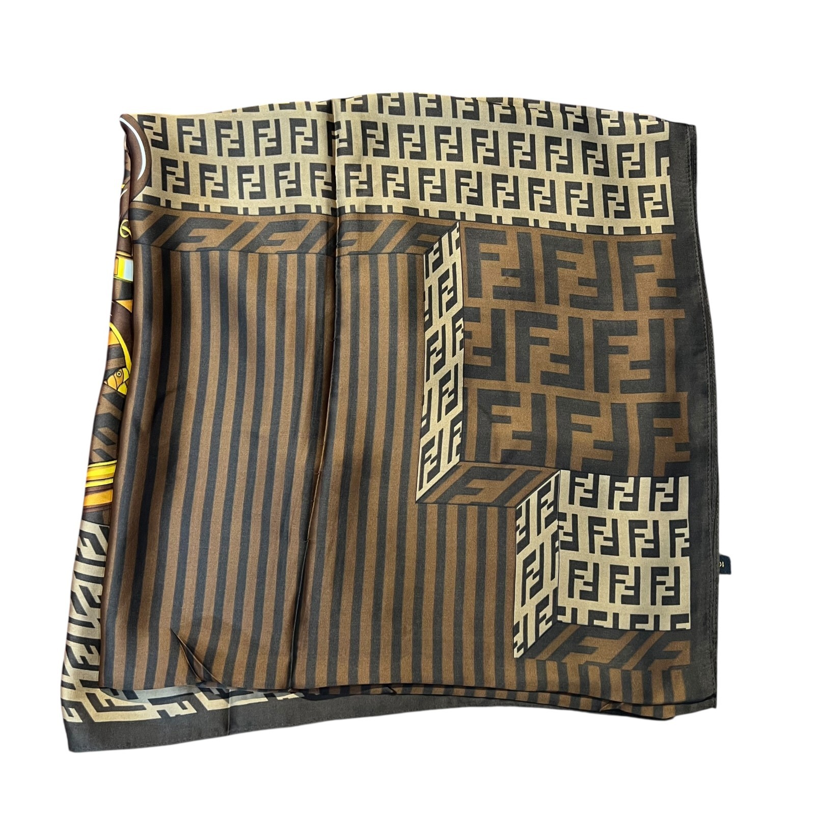 Fendi FF Monogram Silk Scarf Vintage Luggage Print Brown Gold Made in Italy Auth thumbnail 13
