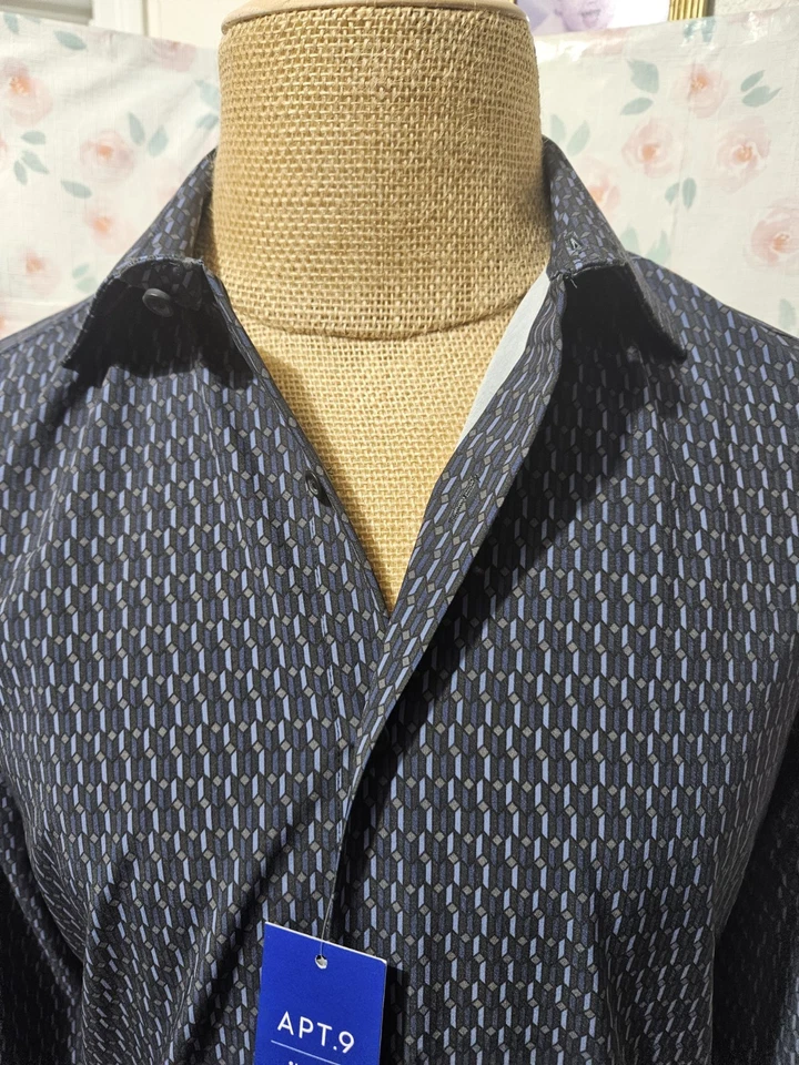 APT. 9, CAMISA DE VESTIR GEO HOMBRE NUEVA AZUL/GRIS POLI BL MANGA LARGA, TALLA 14.5 32/33 Foto 2 de 4