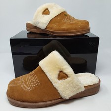 Women's Faux Suede Fur Lined House Slippers Brown Cozy Mule Clogs Size 11.5