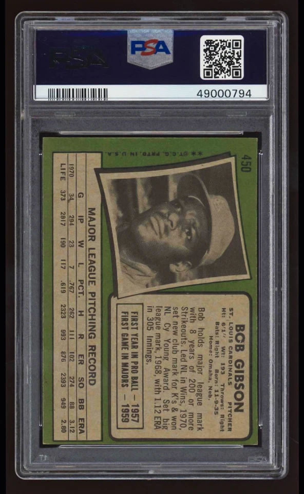 Бейсбольная карточка 1971 Topps Bob Gibson PSA 6 EXMT HOF #450 - Изображение 2 из 2
