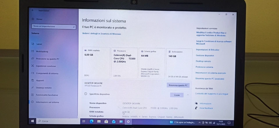 hp 630 notebook pc porable intel celeron dual core T3300 2.00 Ghz 6GB RAM DDR3 - Immagine 4 di 4