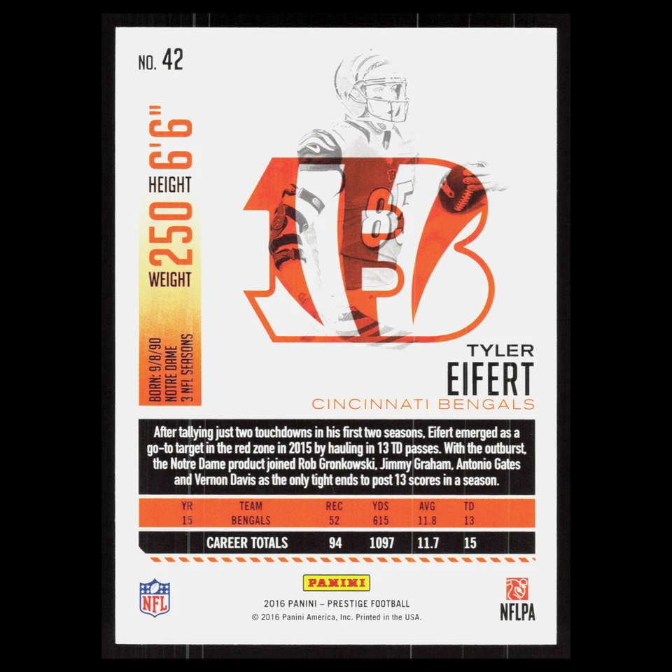 Tyler Eifert #42 2016 Panini Prestige Cincinnati Bengals Football Card NFL - Image 2 of 3