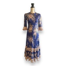 Zimmermann Moonshine Blue Floral Linen Tiered Maxi Dress Size S (0) Prairie Boho