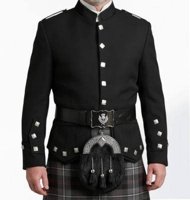 Herren schottische schwarze Kenmore Doublet Jacke Kilt Blazer Piper Schlagzeuger Band Mantel