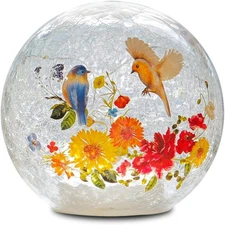 Glass Ball Light Crackle LED Night Flower Birds Grass Pattern White