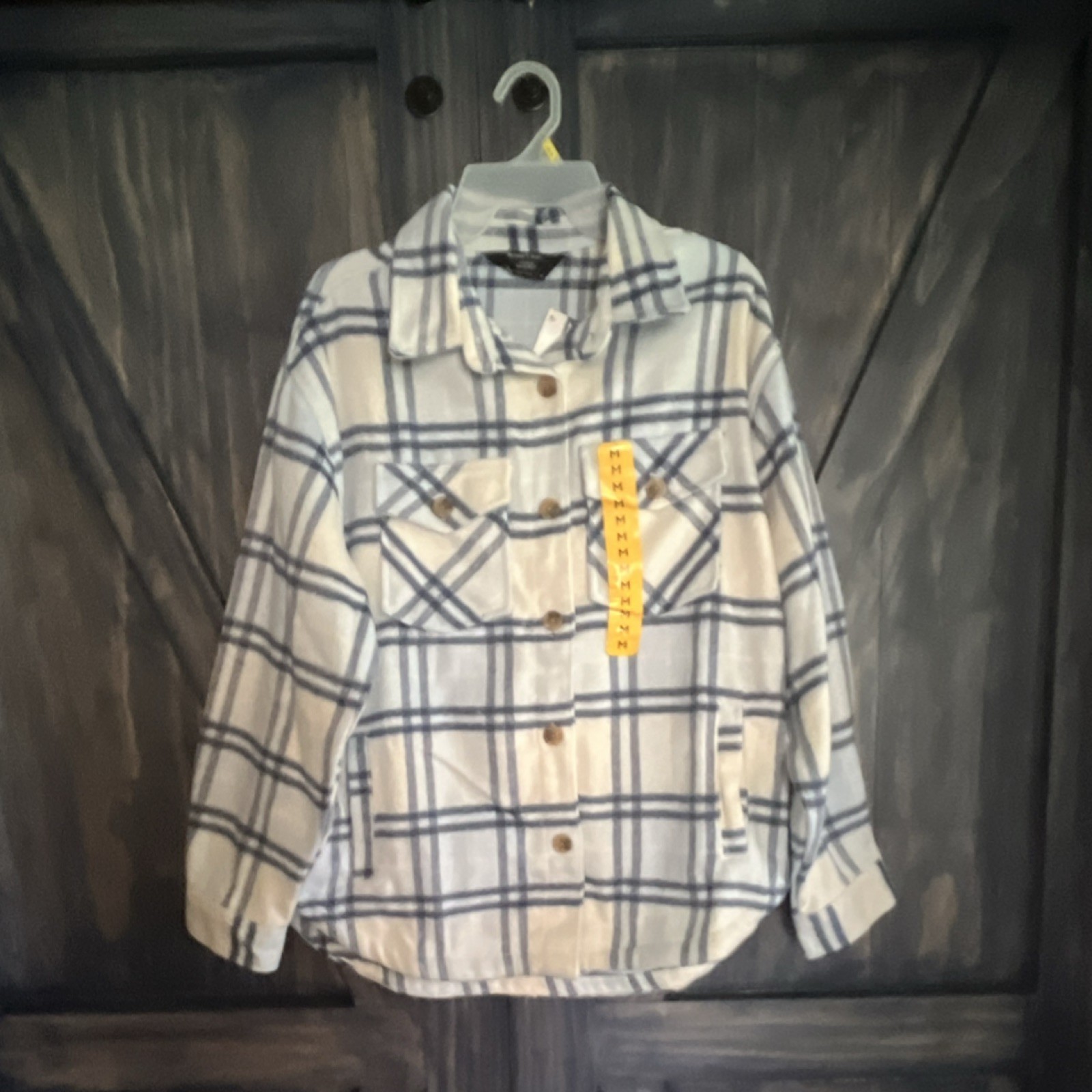 Member's Mark Women's Plaid Shacket Jacket Blue White Button Chest Pocket M