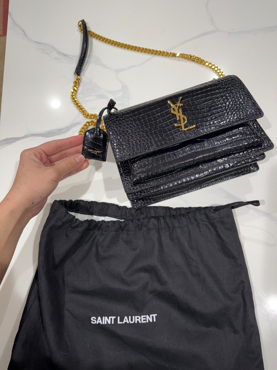 YSL Saint Laurent Sunset Black Croc-Embossed Shiny Leather Gold