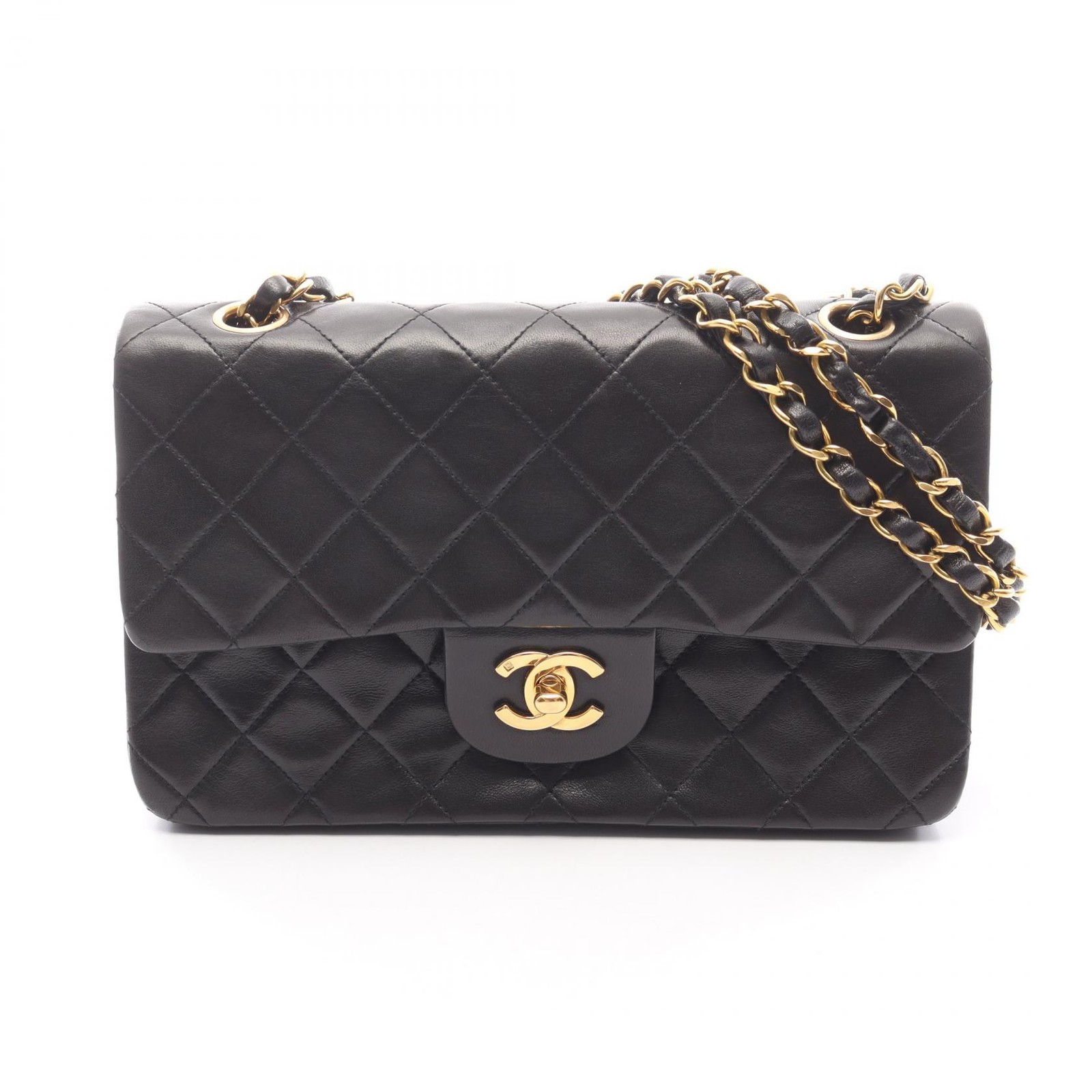 CHANEL Matelasse double flap Chain Shoulder Handbag Lamb leather Black GHW Used