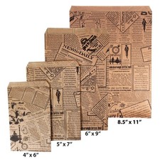 Newsprint Pattern Decorative Flat Paper Gift Bags on Brown Kraft Bags