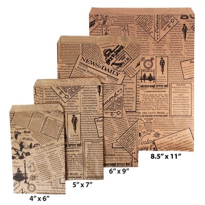 Newsprint Pattern Decorative Flat Paper Gift Bags on Brown Kraft Bags