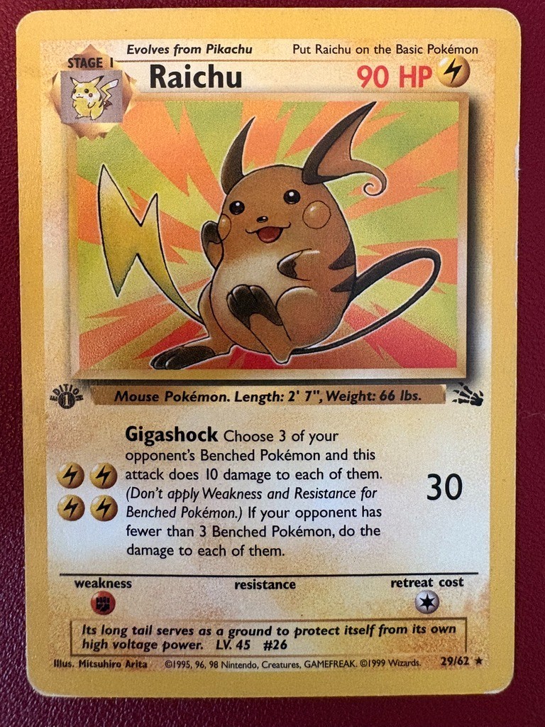 Pokemon Raichu 29/62 Fossil 1st Edition Rare WOTC Vintage 1999 MP