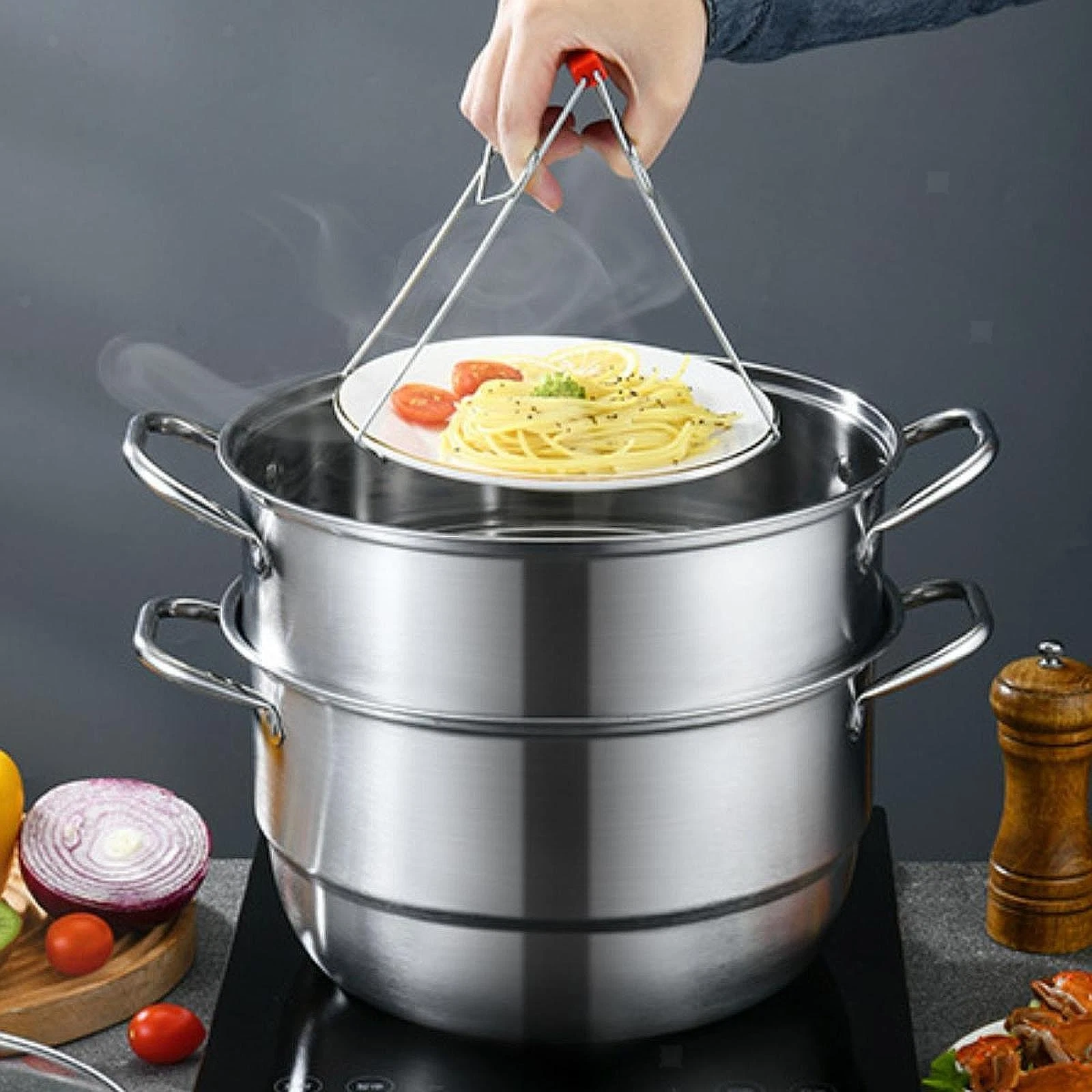 Stainless Steel Steaming Pot Kitchen Steamer Cooker 2 Tier Pot Multipurpose