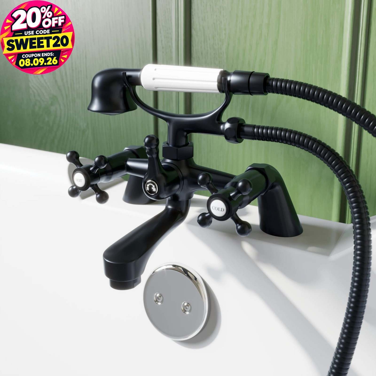 Oxford Bath Shower Mixer Tap Handset Hose Traditional Crosshead Handle Black