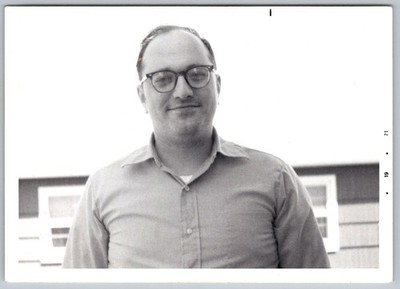 Vtg B&W Snapshot Smiling Man Wearing Glasses And Button Down Shirt Outdoors 1971